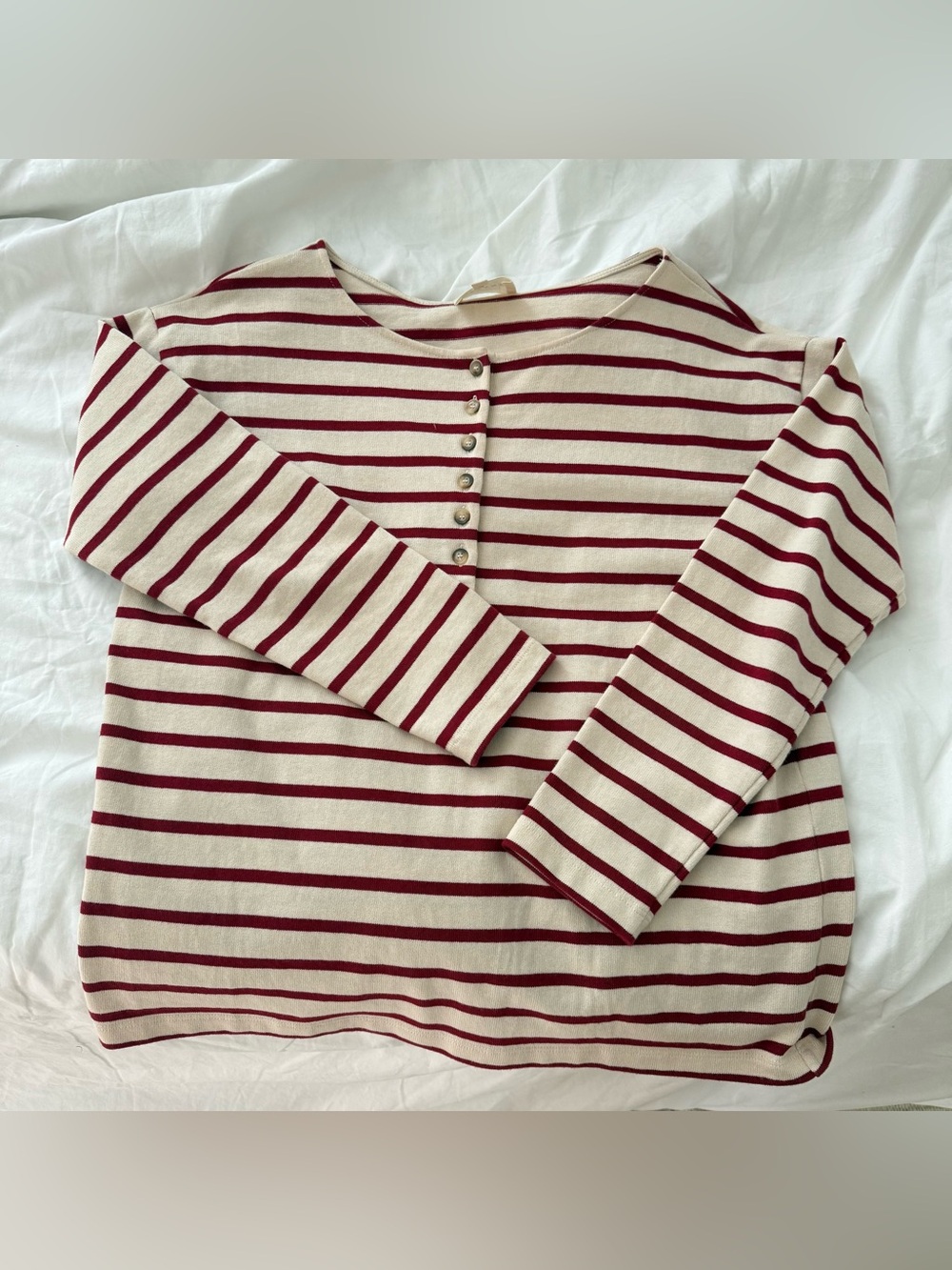 Sézane Cream & Burgundy Striped Henley Top